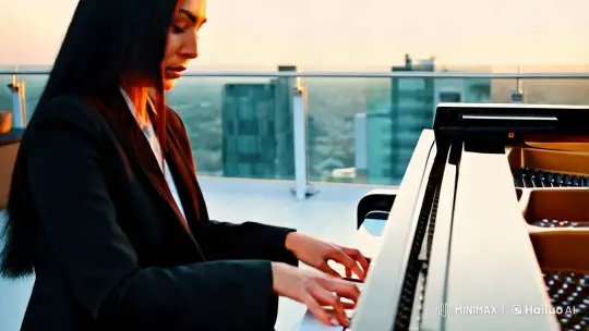 Artistic Piano Performance on Penthouse Roof – AI Generated Video | Hailuo AI