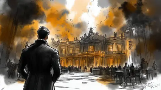 Mysterious Figure Observes Animated Building in Smoky Sky – AI Generated Video | Hailuo AI