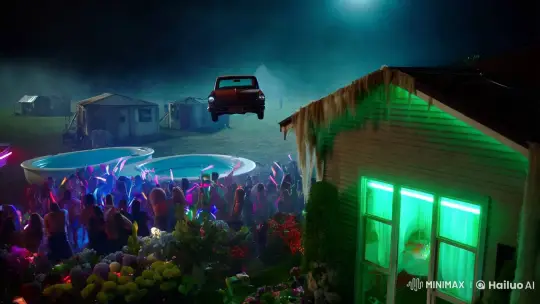 Rustic Vintage Car Over Nocturnal Carnival Rave – AI Generated Video | Hailuo AI