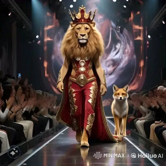 Regal Lion and Fox Stroll Runway in Opulent Fashion Spectacle – AI Generated Video | Hailuo AI