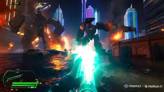Futuristic First-Person Shooter in a Cyberpunk City – AI Generated Video | Hailuo AI