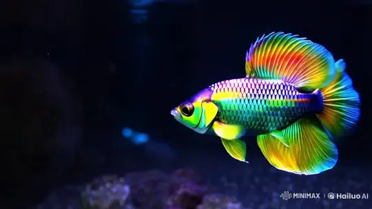 Futuristic Betta Fish in Iridescent, Dark Environment – AI Generated Video | Hailuo AI