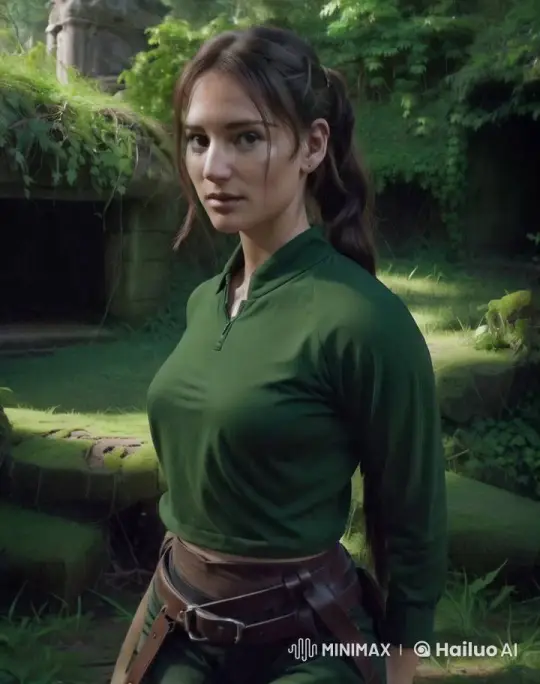 Woman in Green Navigates Ancient Forest – AI Generated Video | Hailuo AI