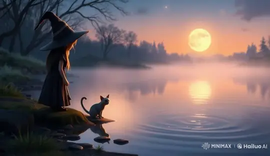 Whimsical Witch and Cat by Twilight's Enchanted River – AI Generated Video | Hailuo AI