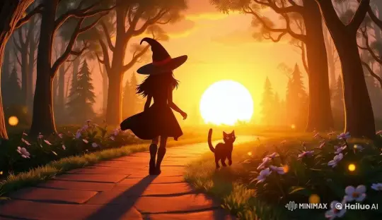 Enchanted Forest Morning: Witch and Cat's Whimsical Journey – AI Generated Video | Hailuo AI