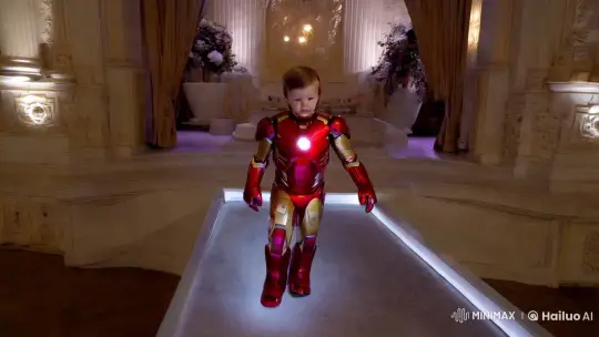 Boy in Iron Man Costume Showcases Costume in Elegant Setting – AI Generated Video | Hailuo AI