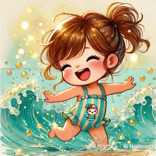 Animated Girl Joyfully Plays in Sparkling Ocean Waves – AI Generated Video | Hailuo AI