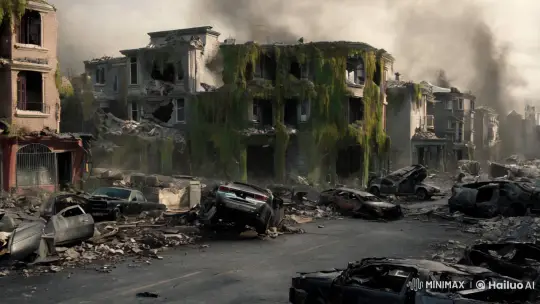 Doomsday Scene: Frightened Girl Amidst Urban Ruins – AI Generated Video | Hailuo AI