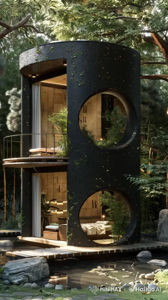 Modern Cylindrical House in a Lush Forest Setting – AI Generated Video | Hailuo AI