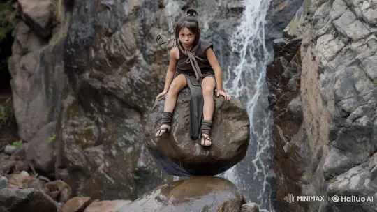 Boy Balances on Tilting Rock by Waterfall – AI Generated Video | Hailuo AI
