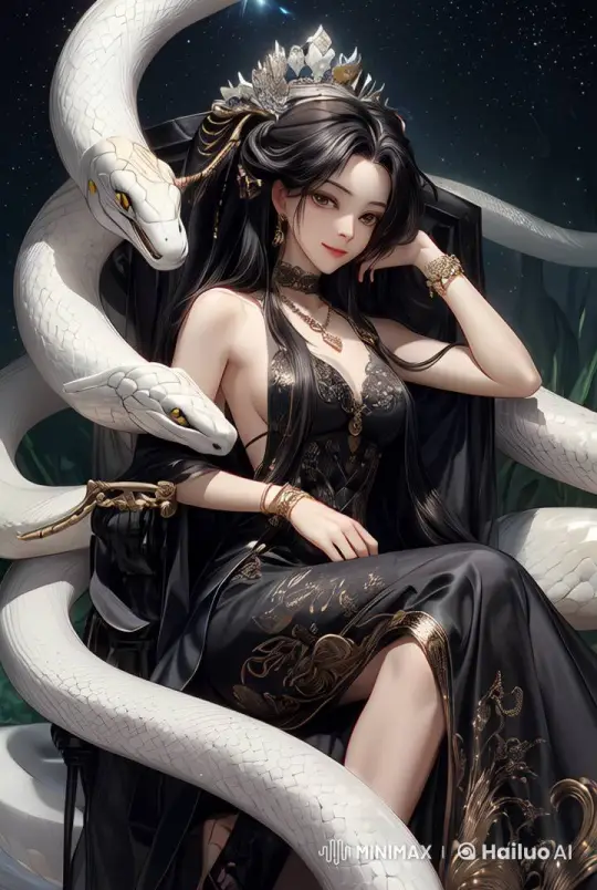 Regal Woman and Snake in Majestic Starlit Night – AI Generated Video | Hailuo AI
