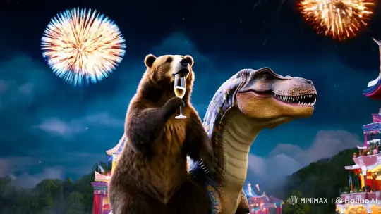 Bear Sips Champagne on Prehistoric Dinosaur Under Night Sky – AI Generated Video | Hailuo AI