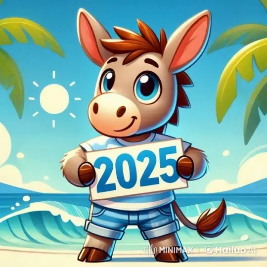 Animated Donkey Welcomes 2025 on a Sunny Beach – AI Generated Video | Hailuo AI