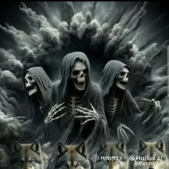 Skeletal Figures and Watchful Wolves in Dark, Eerie Scene – AI Generated Video | Hailuo AI