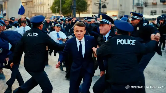 French President Macron Amidst Police Swarm in Dramatic Scene – AI Generated Video | Hailuo AI
