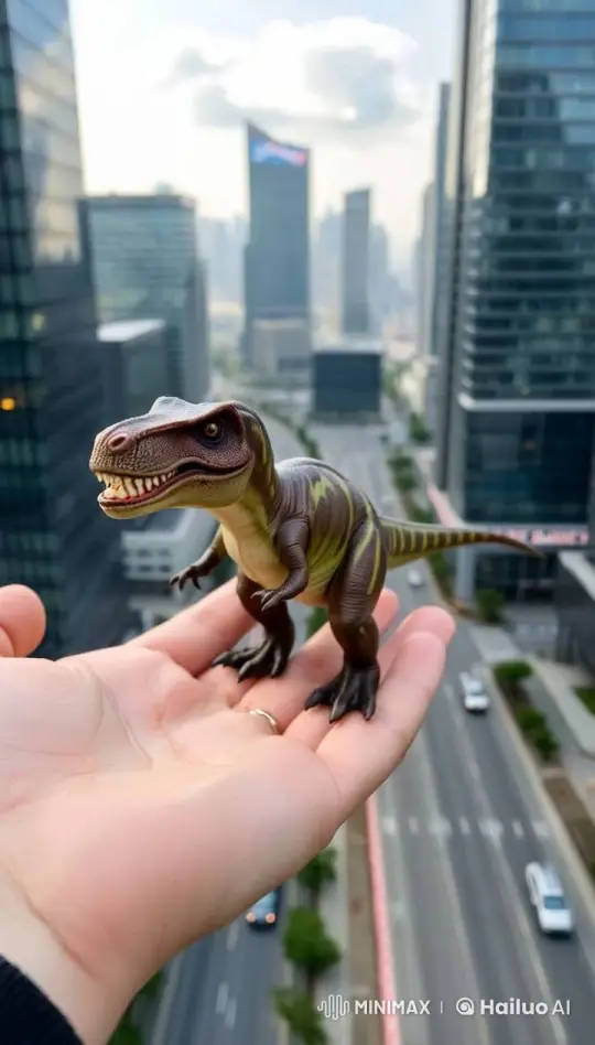 Dinosaur Toy in Modern Cityscape – AI Generated Video | Hailuo AI