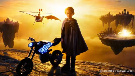 Mystical Mountain Hero with Futuristic Dragon and Ancient Ruins – AI Generated Video | Hailuo AI