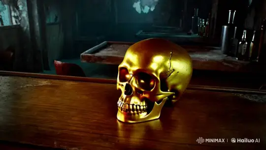 Eerie Golden Skull Ignites in Abandoned Bar Setting – AI Generated Video | Hailuo AI
