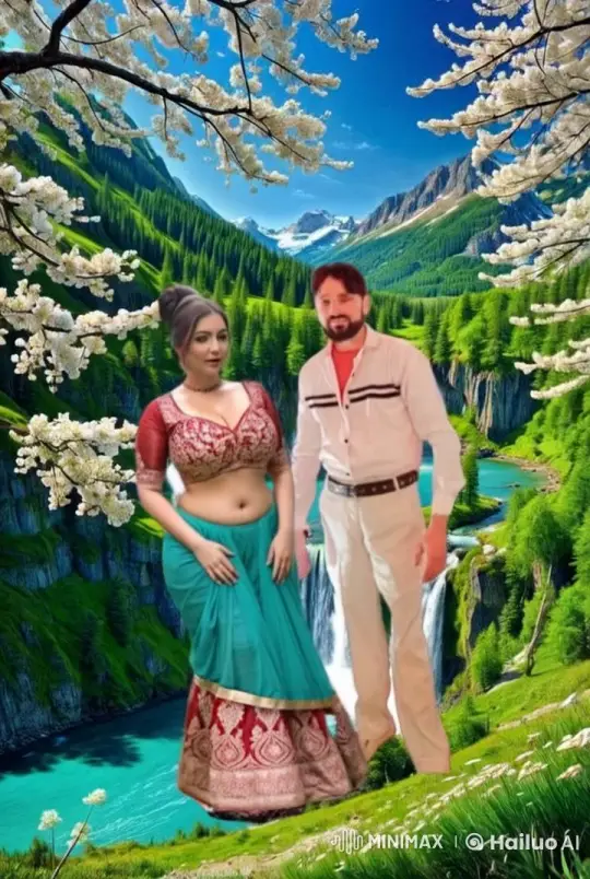 Romantic Couple in Mountainous Landscape with Cherry Blossoms – AI Generated Video | Hailuo AI