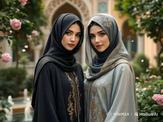 Two Women in Embroidered Dresses in a Tranquil Rose Garden – AI Generated Video | Hailuo AI