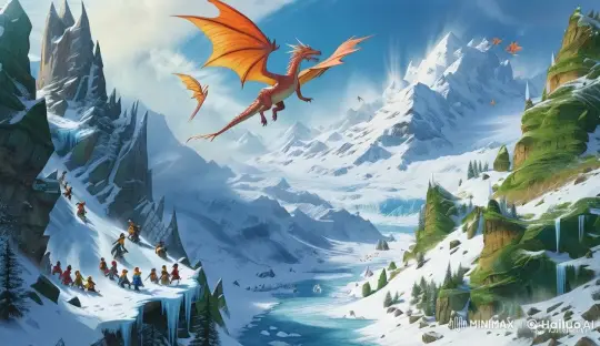 Adventurers and Dragons in Majestic Snowy Mountainscape – AI Generated Video | Hailuo AI
