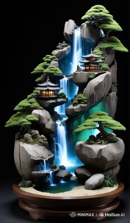 Artistic Tabletop Bonsai Display in Live2D with Waterfalls – AI Generated Video | Hailuo AI