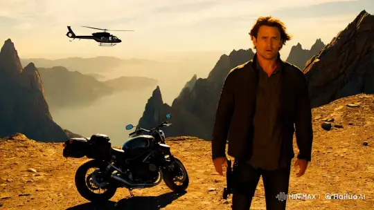 Action Scene: Man on Mountain with Exploding Helicopter – AI Generated Video | Hailuo AI