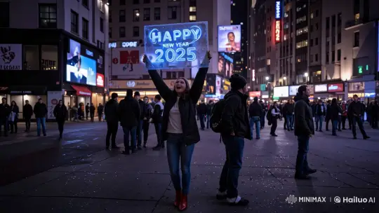 New Year Celebrations: Woman Holds Neon Sign in Bustling City – AI Generated Video | Hailuo AI