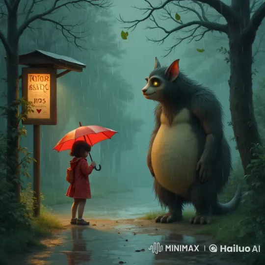Girl in Red Raincoat Hugs Mystical Creature in Misty Forest – AI Generated Video | Hailuo AI