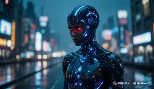 Cyborg Transforms into Human in Futuristic Cityscape – AI Generated Video | Hailuo AI
