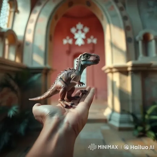 Miniature Dinosaur Explores Hand in Ornate Setting – AI Generated Video | Hailuo AI