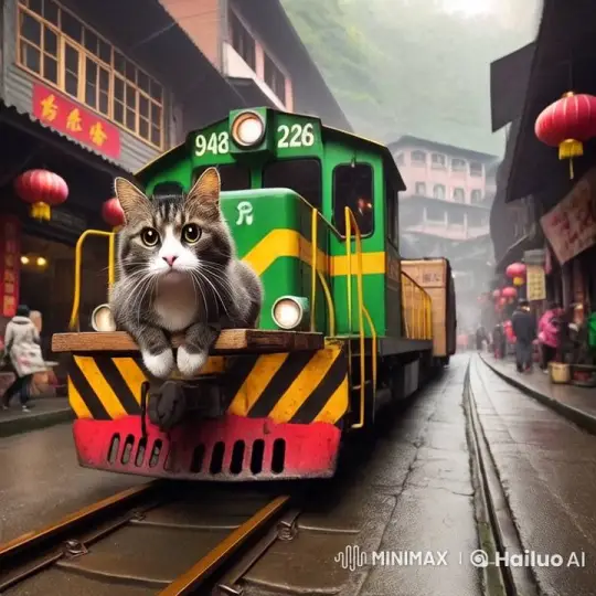 Cat on Train Navigates Bustling Market Street – AI Generated Video | Hailuo AI