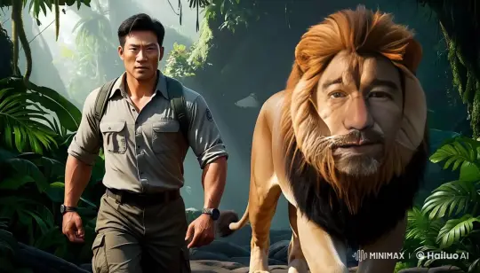 Explorer and Lion Journey Through Lush Jungle – AI Generated Video | Hailuo AI