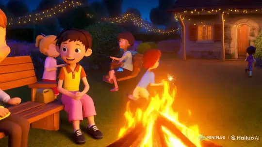 Magical Night Campfire with Cartoon Character and Family – AI Generated Video | Hailuo AI