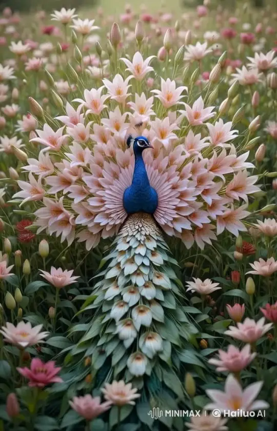 Peacock Showcases Its Feathers in a Flowery Field – AI Generated Video | Hailuo AI