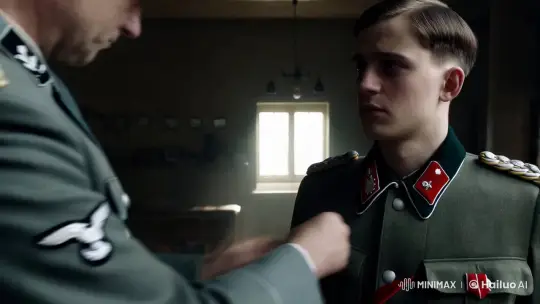 German Officer Medals Young Soldier in Dim Room – AI Generated Video | Hailuo AI