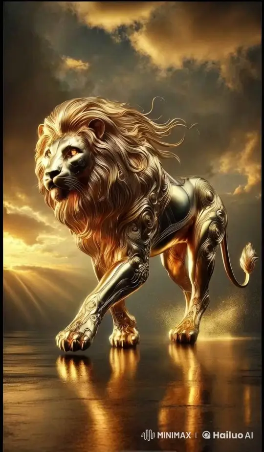 Majestic Golden Lion Hybrid in Ethereal Sunset Setting – AI Generated Video | Hailuo AI