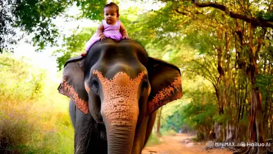 Toddler and Elephant in Serene Forest Setting – AI Generated Video | Hailuo AI