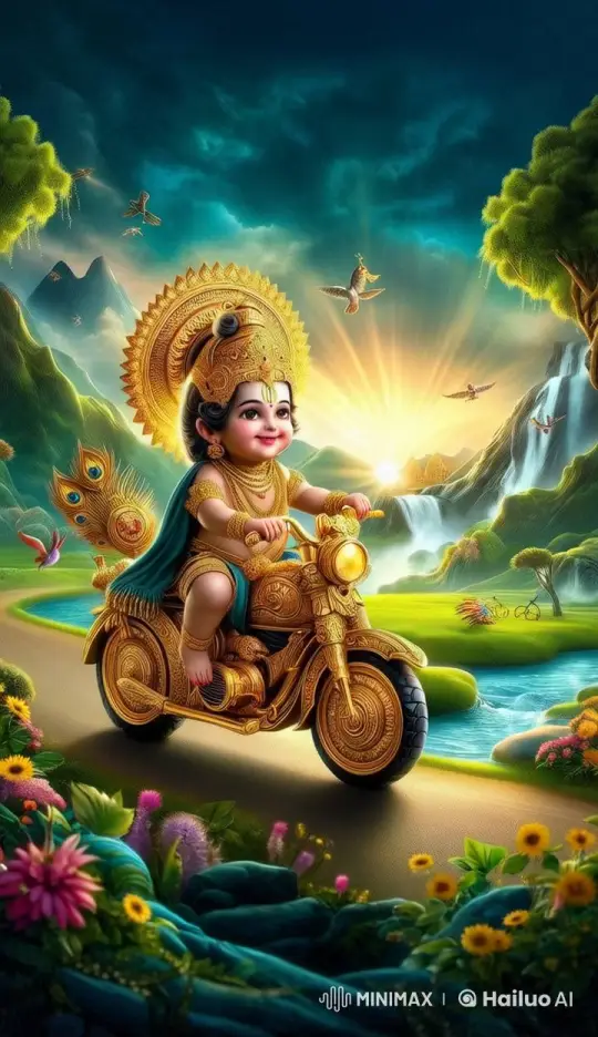 Child Deity Rides Golden Bike in Animated Landscape – AI Generated Video | Hailuo AI