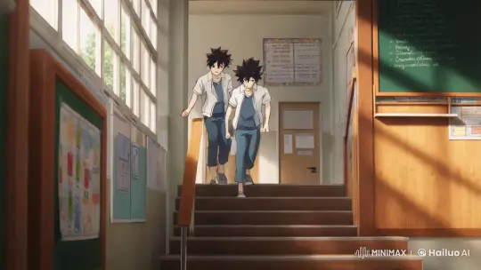 Youthful Anime Characters Exit Classroom with Camaraderie – AI Generated Video | Hailuo AI
