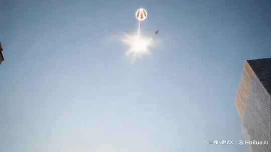 Android Descends from Sky in Futuristic Cityscape – AI Generated Video | Hailuo AI