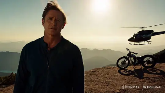 Action Scene: Man on Mountain with Helicopter and Bike – AI Generated Video | Hailuo AI