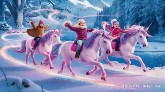 Children Ride Magical Unicorns Through Winter Wonderland – AI Generated Video | Hailuo AI