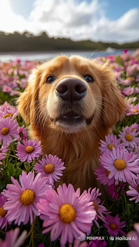 Golden Retriever Joyfully Sniffs Flowers in Meadow – AI Generated Video | Hailuo AI