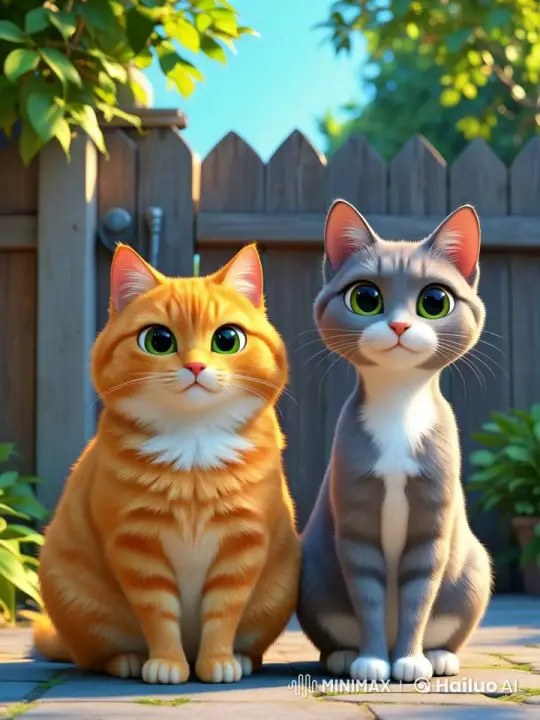Orange and Gray Cats in Serene Garden Setting – AI Generated Video | Hailuo AI