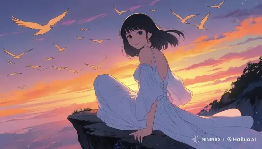 Girl on Cliff: Serene Sunset with Birds – AI Generated Video | Hailuo AI