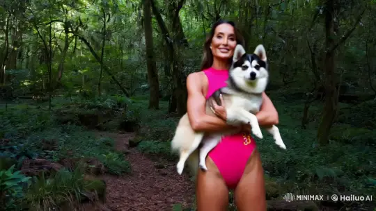 Stunning Woman in Swimwear Stands Tall with Adoring Dog in Forest – AI Generated Video | Hailuo AI