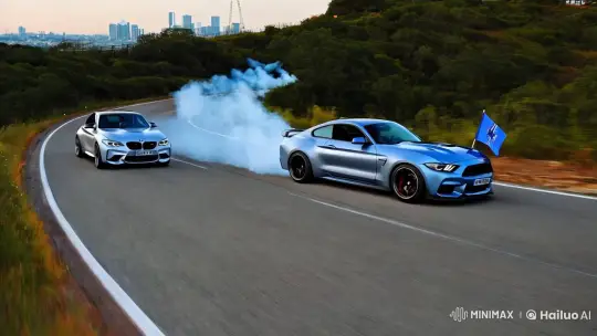 BMW M2 vs. Ford Mustang GT: Thrilling Downhill Race – AI Generated Video | Hailuo AI