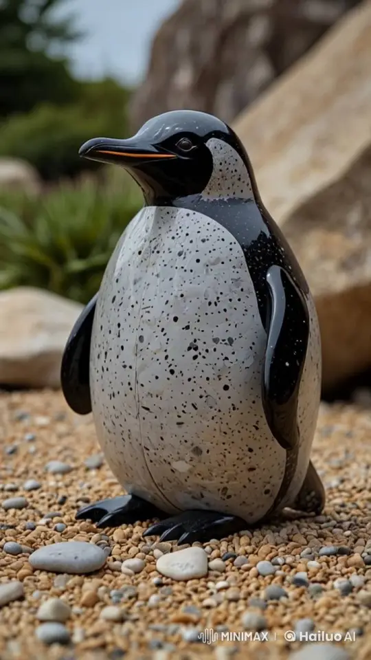 Stone Penguin Animation in Serene River Rock Setting – AI Generated Video | Hailuo AI
