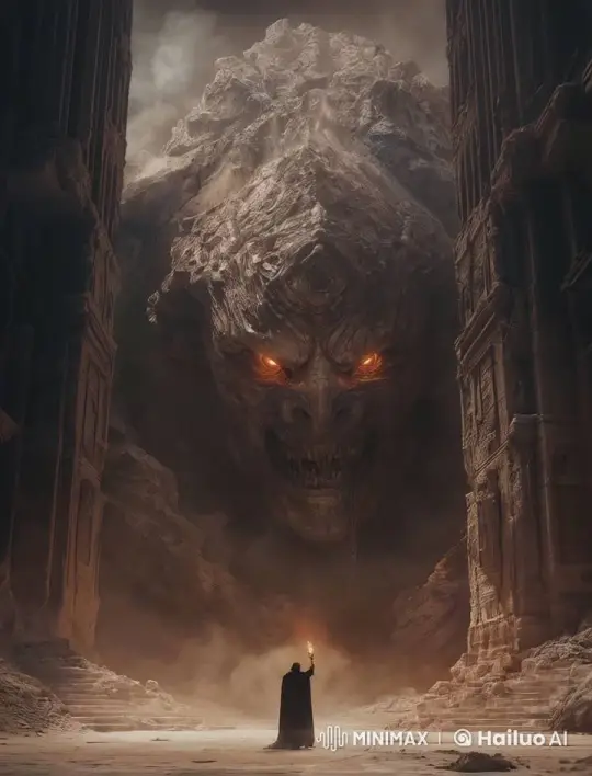 Colossal Monster Meets Fearless Man in Dramatic Encounter – AI Generated Video | Hailuo AI